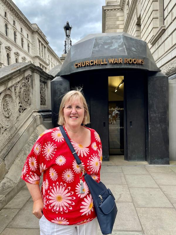 Lady standing outside Churchill War Rooms.