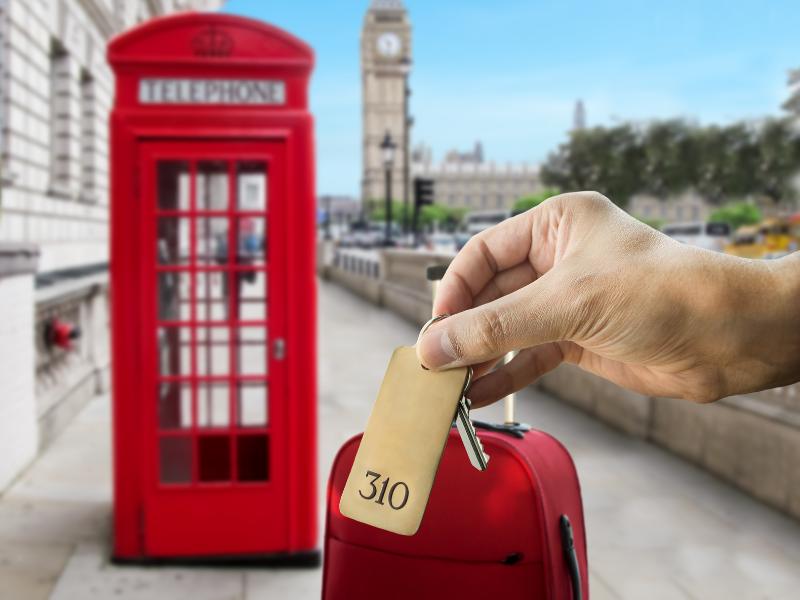 London hotel key with red phone box and Big Ben in the background.