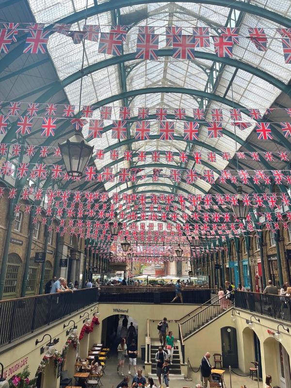 Covent Garden decked with Union Jack flags.