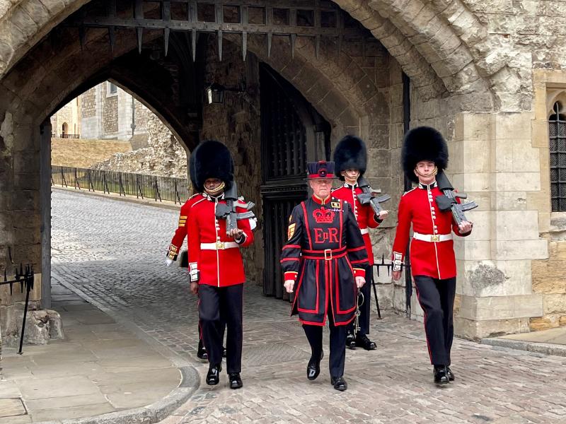 Visiting the Tower of London to see the Opening Ceremony with the guards and beefeater.