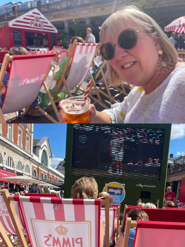 Enjoying Pimms and watching Wimbledon in London in July at Covent Garden.