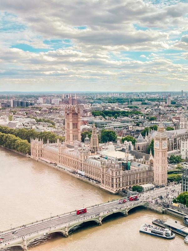 London Eye view over Big Ben and Houses of Parliament.