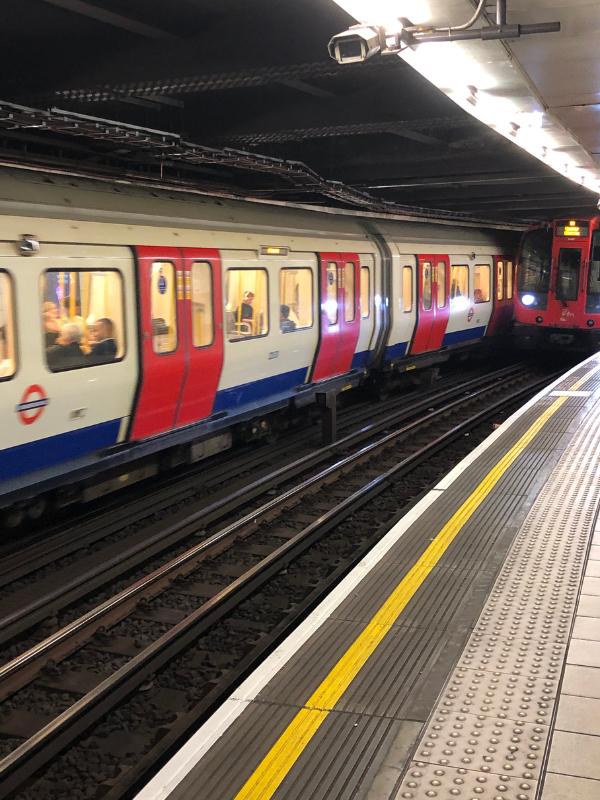 London underground train and platform.