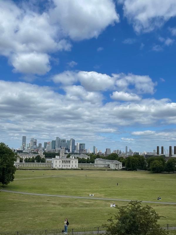 Views of Canary Wharf in the background and the Queen's House in Greenwich.