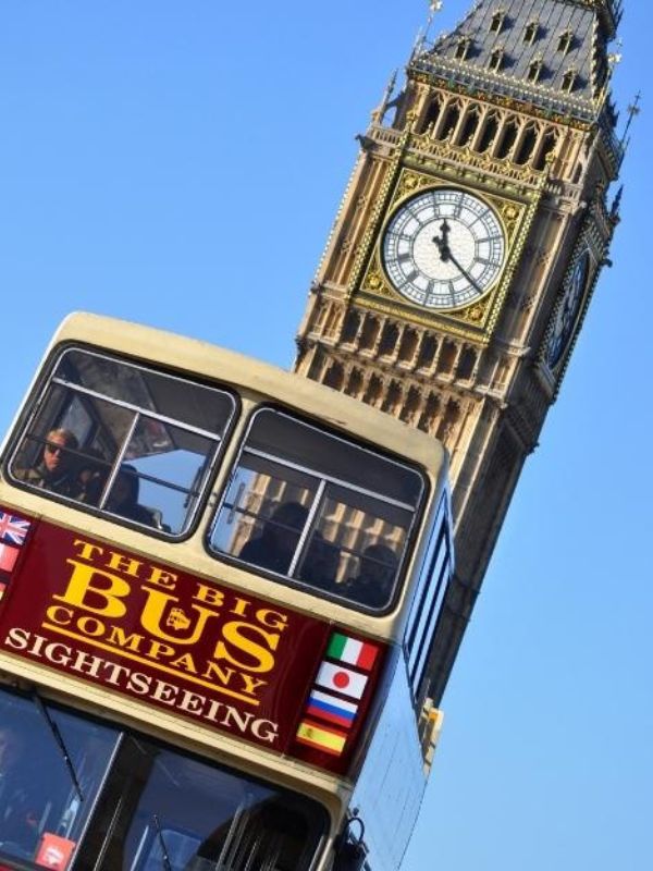 The Big Bus tour bus with Big Ben in the background.
