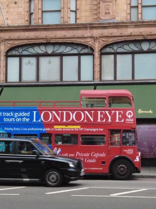 One of the most popular things to do  in Belgravia and Knightsbridge is to shop in places like Harrods shown in the image with a London bus.