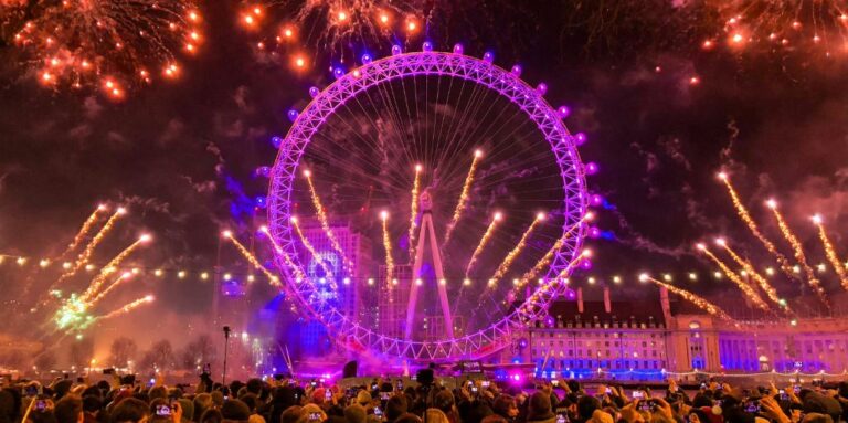 Crowds on Victoria Embankment watching the New Year's Eve fireworks over the London Eye and County Hall.