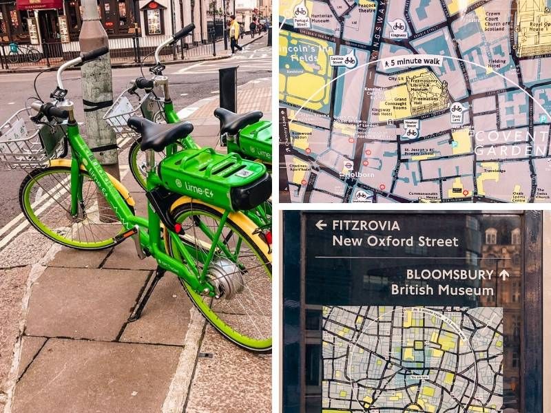 Boris bikes and signposts in London England