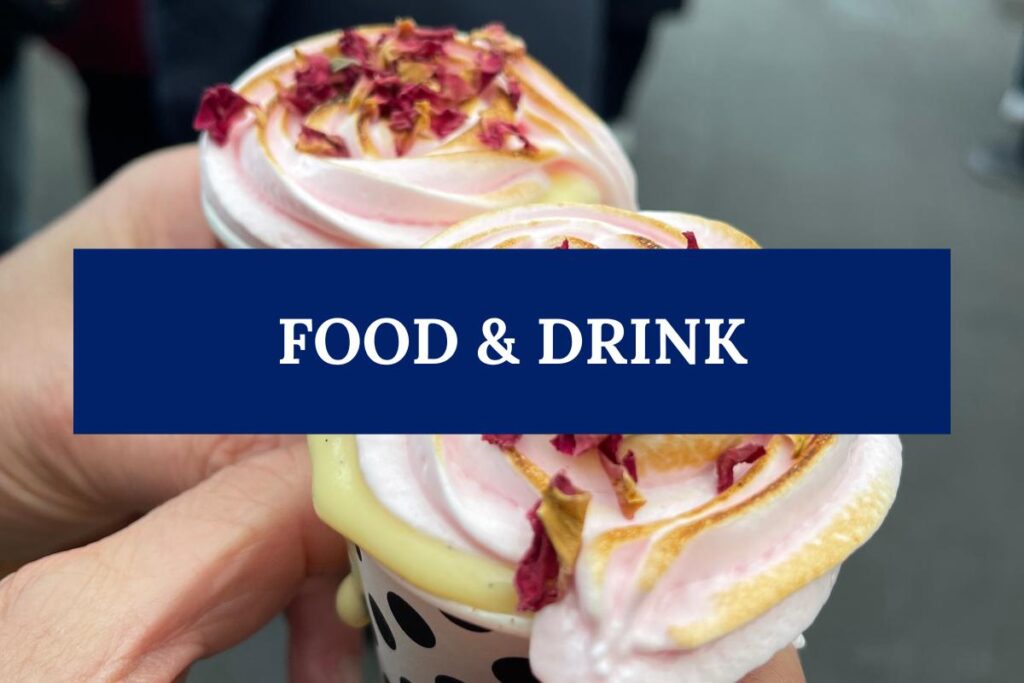 Food and drink label over some crumbles covered in rose petals.