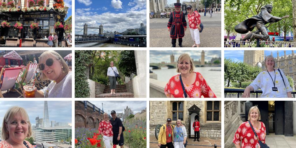 A collage of twelve photos showing travel experiences across London in summer. Scenes include a traditional British pub covered in hanging flower baskets, Tower Bridge viewed from the Thames riverbank, a woman posing with a Yeoman Warder (Beefeater) at the Tower of London, a bronze statue in a park, a woman relaxing in a deck chair with a drink on a red open-top bus, stone steps in a lush garden setting, a woman smiling with the Houses of Parliament and the Thames in the background, a woman standing near the Palace of Westminster, a close-up portrait with The Shard visible behind, a couple posing among wildflowers with railway arches in the background, a group photo with a King's Guard soldier at the Tower of London, and a woman outside a modern building entrance.