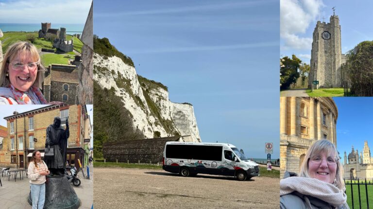 Tracy at stops on English Bus day tours from London, including Dover Castle, Canterbury and Oxford, with the small group mini-coach at the White Cliffs
