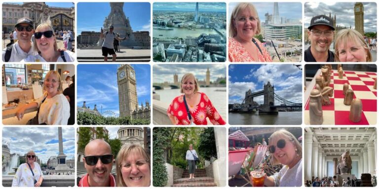 Collage of Tracy and Doug exploring London in summer, including Buckingham Palace, Big Ben, Tower Bridge, Trafalgar Square and the British Museum