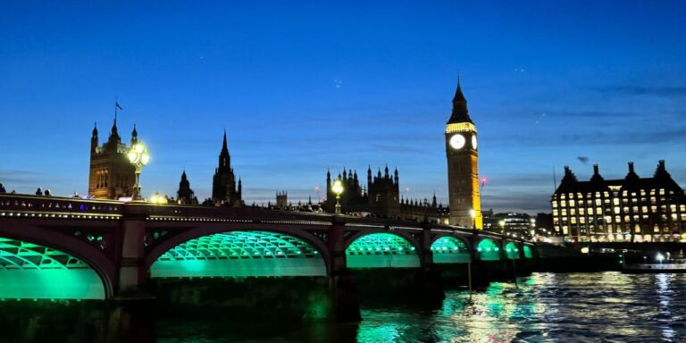 London in winter with Big Ben and the Houses of Parliament and a dark night sky
