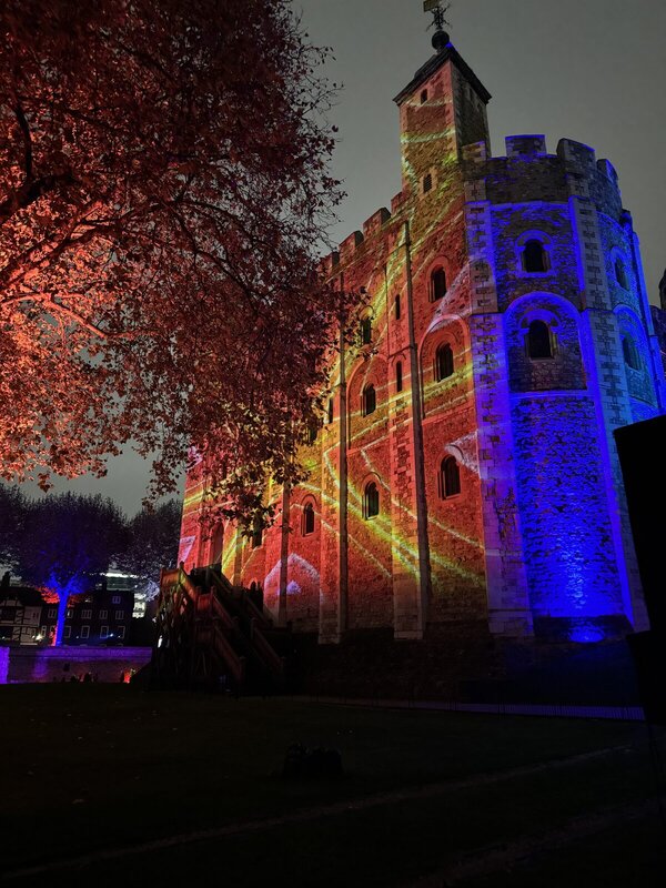 Tower of London lit red and blue for Remembrance with autumn leaves in the foreground