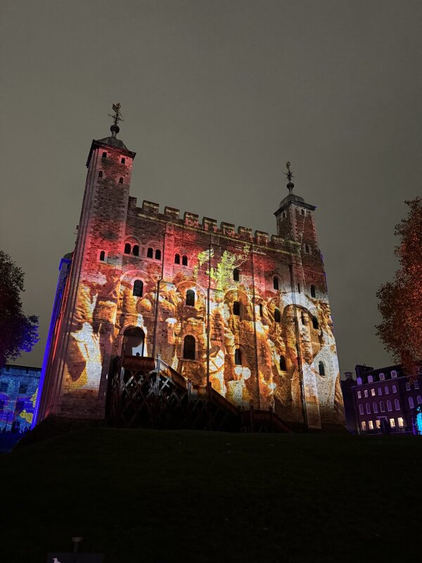 Poppy Fields projection lighting the White Tower at the Tower of London during the Remembrance period