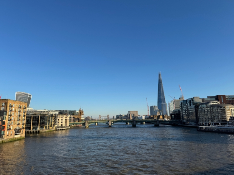 The River Thames on a clear winter day, looking east towards the Shard