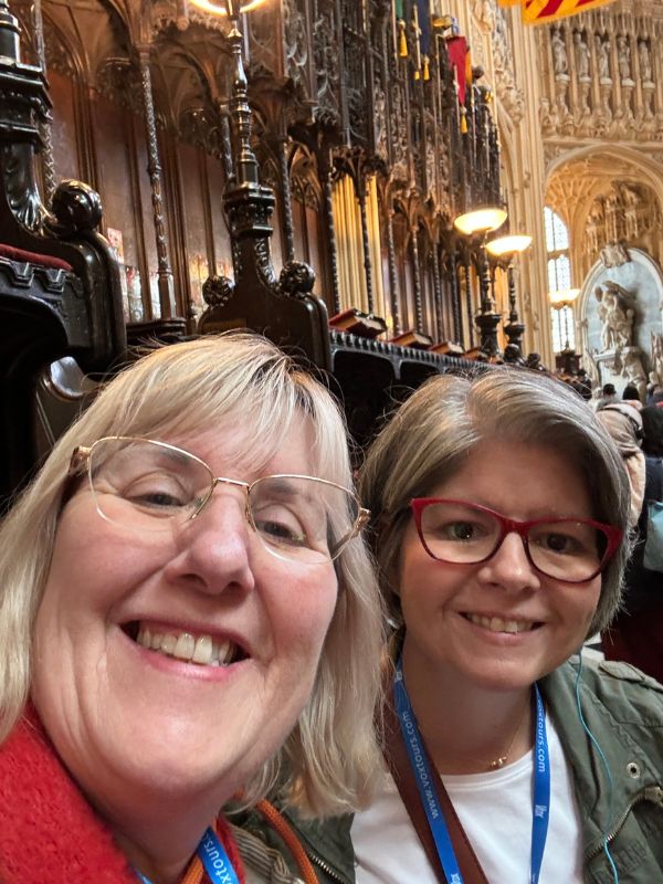 Tracy and Melissa in the wooden quire stalls of Westminster Abbey
