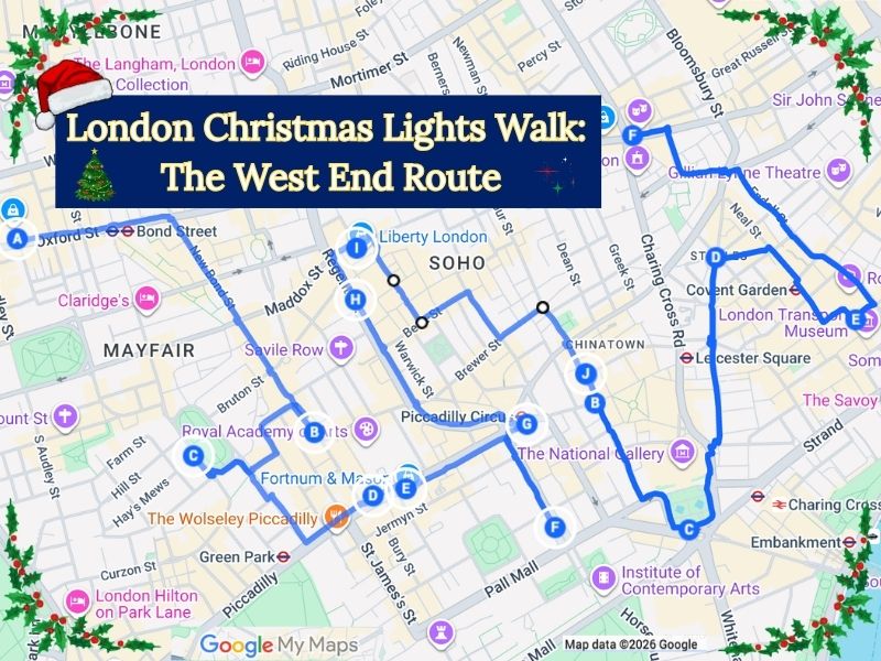 Map of the West End Christmas lights walk, with the twelve stops numbered from Bond Street to Covent Garden.
