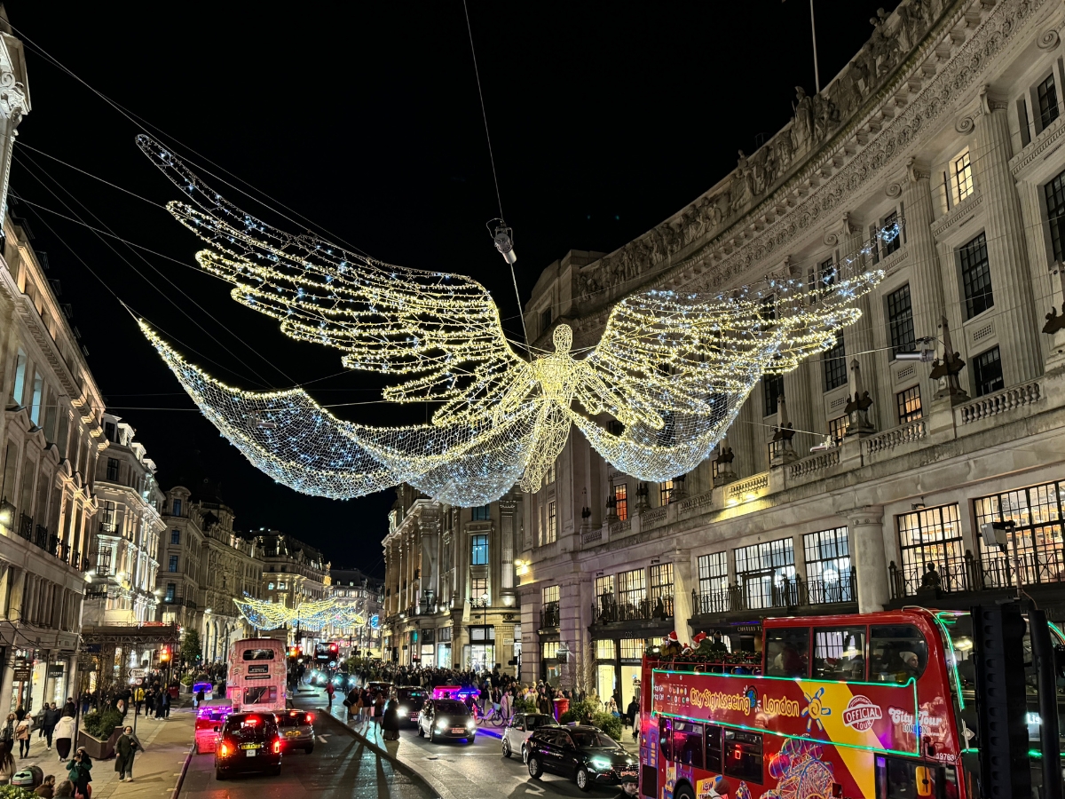 Regent Street's Christmas angel lights at night