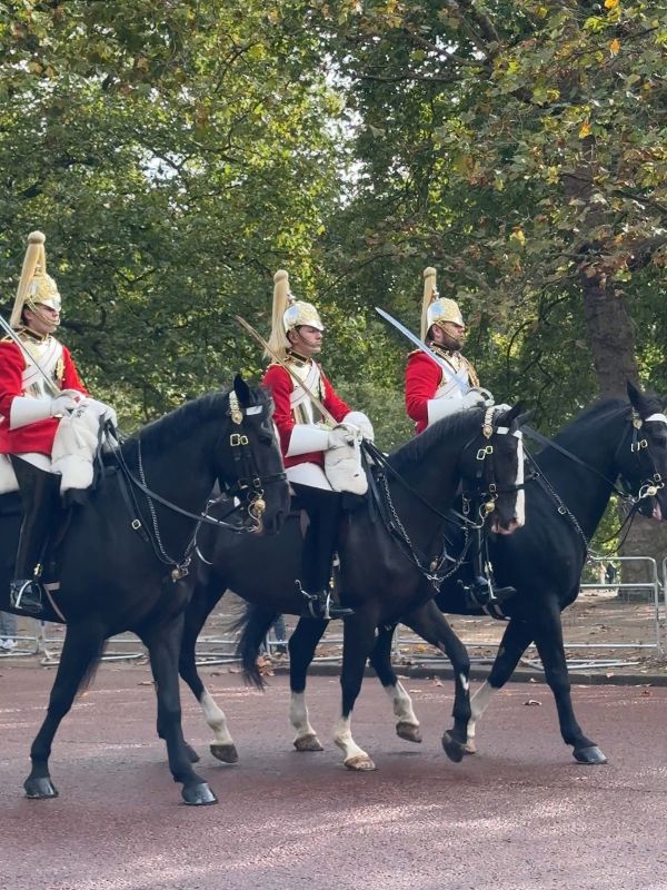 Three mounted Household Cavalry troopers in red tunics and plumed helmets riding past on the Mall