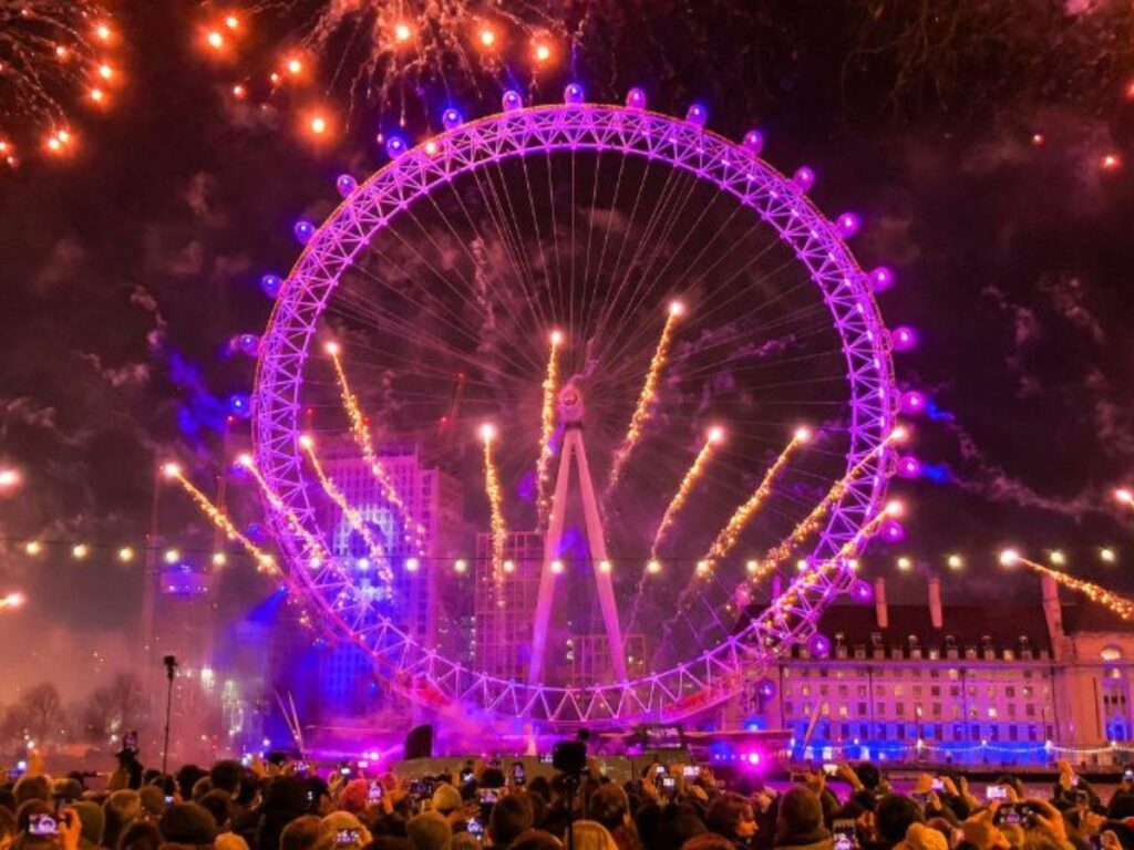 Fireworks over the London Eye at midnight on New Year's Eve