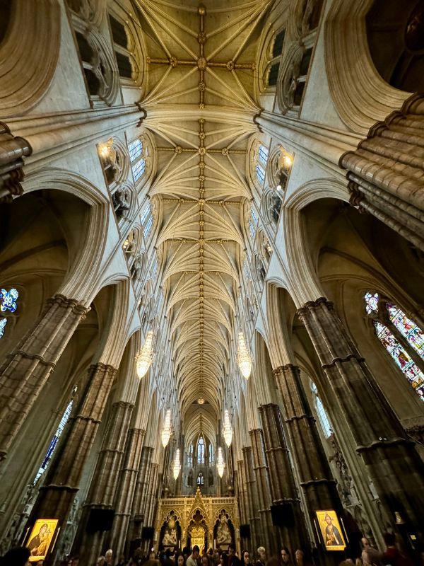 The gothic vaulted ceiling and chandeliers of the nave inside Westminster Abbey