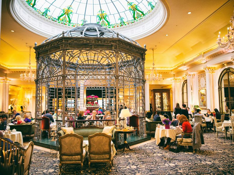 The Savoy Thames Foyer under its glass dome, where the hotel serves its festive afternoon tea