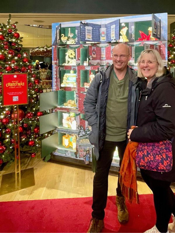 Tracy and Doug at the Fortnum and Mason Christmas display on Piccadilly, London, home of the festive afternoon tea