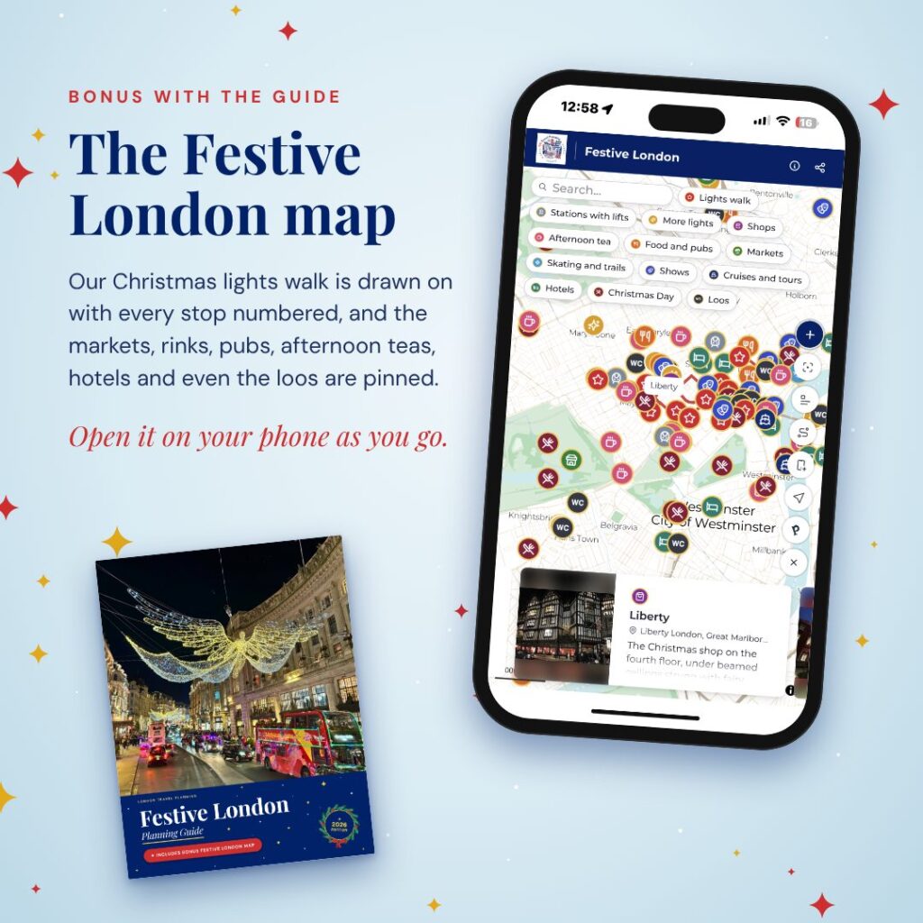 The Festive London map on a phone, with the lights walk, markets, afternoon teas, pubs, hotels and loos pinned