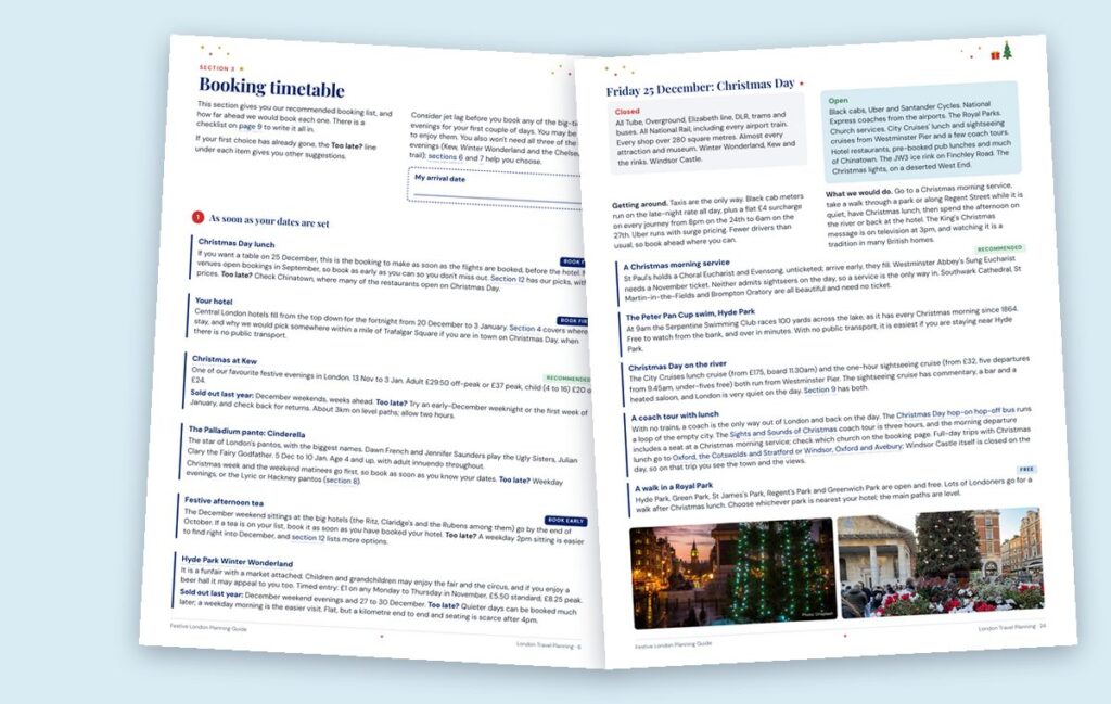 Two pages from the Festive London Planning Guide: the booking timetable and Christmas Day