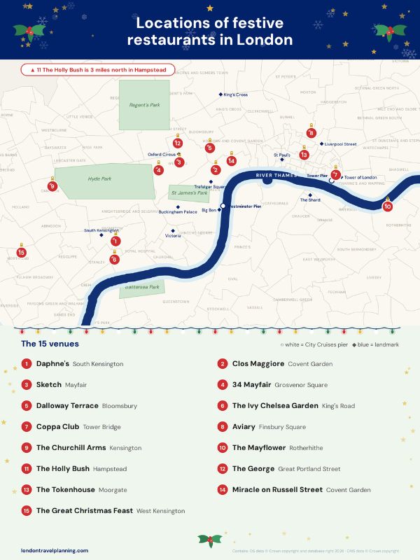 Map showing the locations of 15 festive restaurants, pubs and bars in London, numbered to match the guide, with the Christmas cruise piers marked.